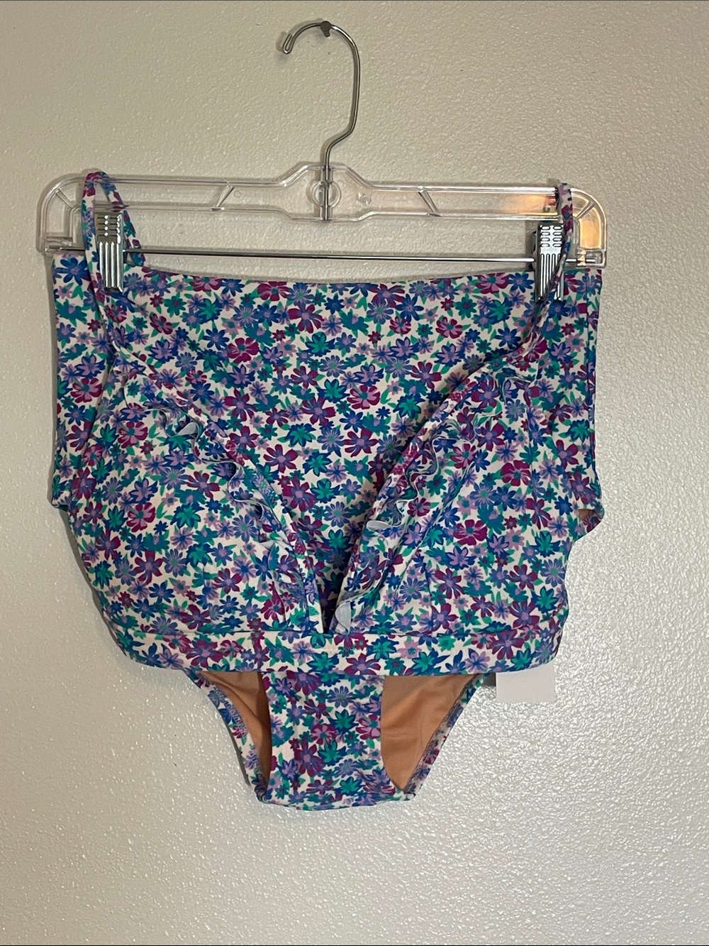 J. Crew Floral High-Waist Bikini Bottoms in Purple, Teal and White